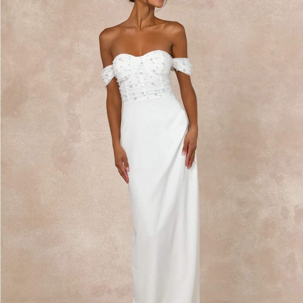 Lulus Immensely Charming White Mesh Pearl Bustier Maxi Dress, XS